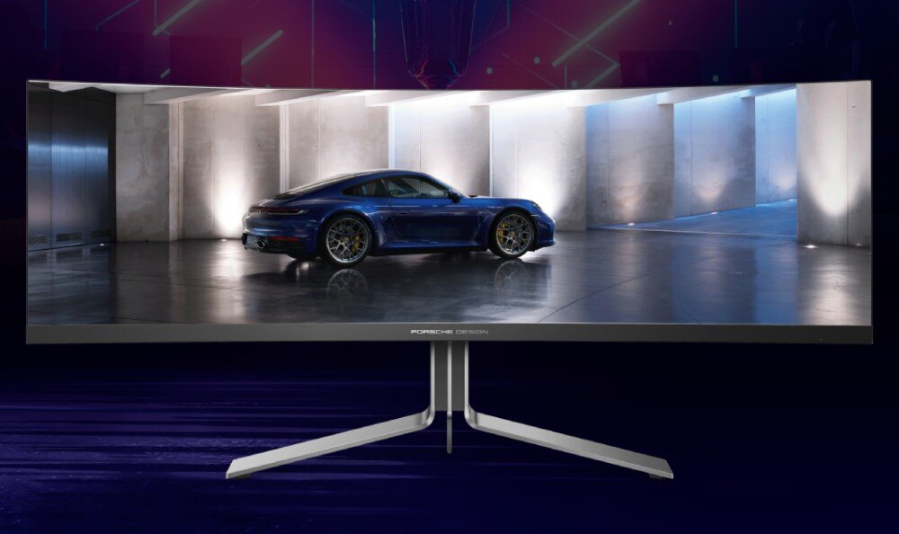 Monitor AOC Agon Pro PD49 Zakrzywiony monitor wyświetlający zdjęcie niebieskiego samochodu sportowego w industrialnym pomieszczeniu, filtr niebieskiego światła, migotanie, Flicker-free