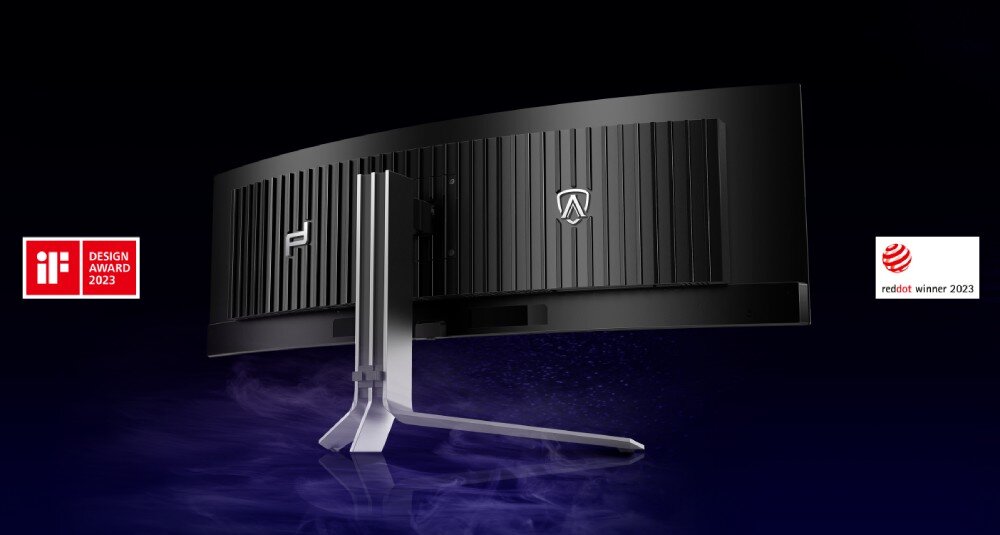 Monitor AOC Agon Pro PD49 Widok tylnej części monitora z aluminiową podstawą i pionowymi żebrowaniami. Po lewej stronie logo nagrody iF Design Award 2023, po prawej Red Dot Winner 2023, design, wygląd, nagrody