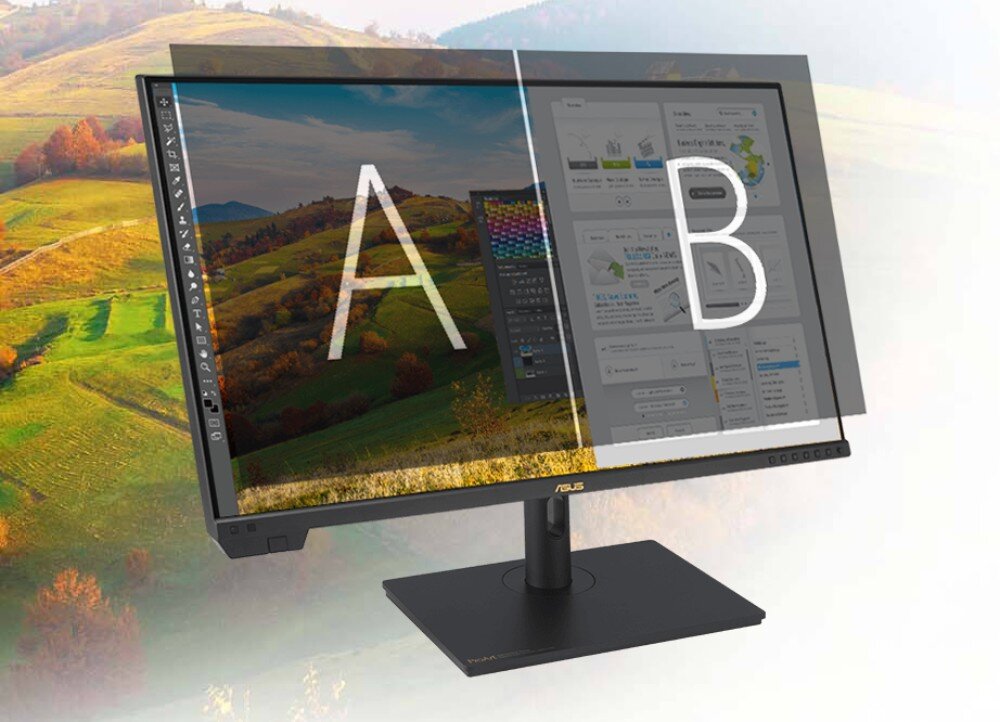 Monitor ASUS ProArt PA32UCXR Monitor z efektem podziału ekranu na dwie części oznaczone literami A i B, funkcje PbP i PiP