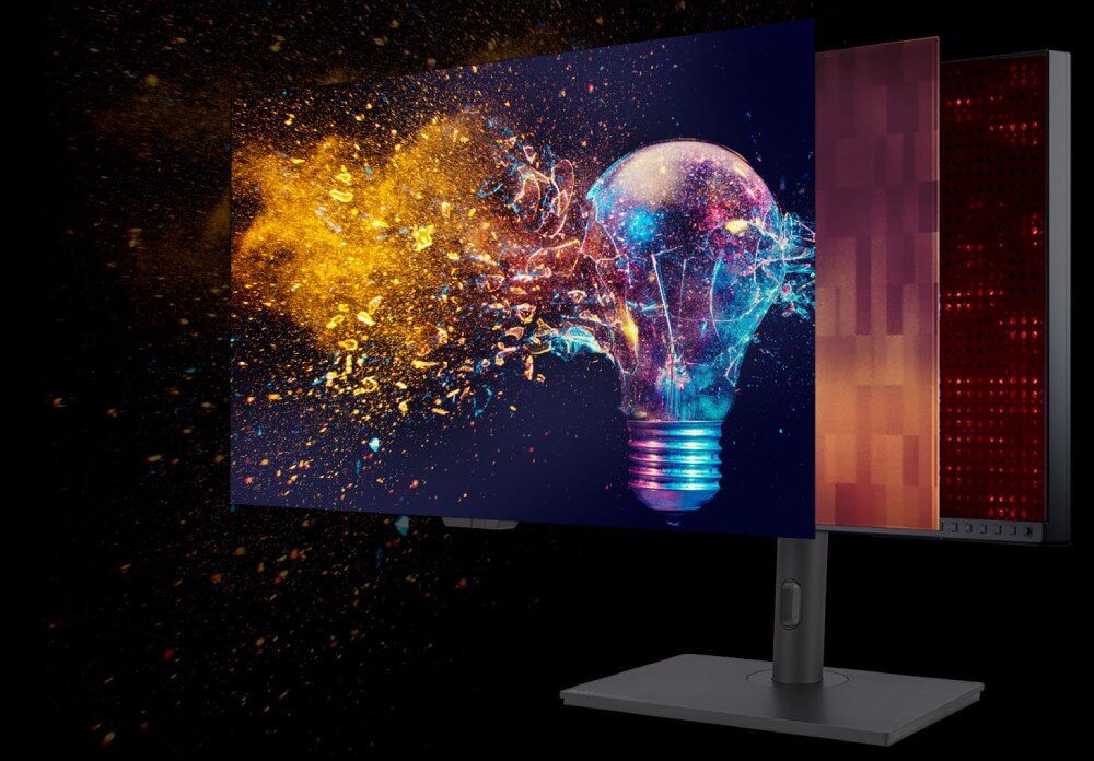 Monitor ASUS ProArt PA32UCXR Monitor z wyświetlonym na ekranie kolorowym obrazem żarówki eksplodującej w złoto-niebieskim pyle. Z prawej strony widoczna jest warstwa podświetlenia mini LED z siatką czerwonych punktów, przekątna, rozdzielczość, matryca, podświetlenie