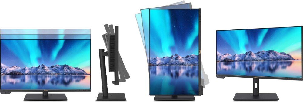 Monitor ASUS ProArt PA32UCXR Cztery ujęcia monitora prezentujące jego możliwości regulacji. Widać opcję zmiany wysokości, kąta nachylenia, obrotu oraz funkcję pivot, podstawa, regulacja położenia, mocowanie VESA