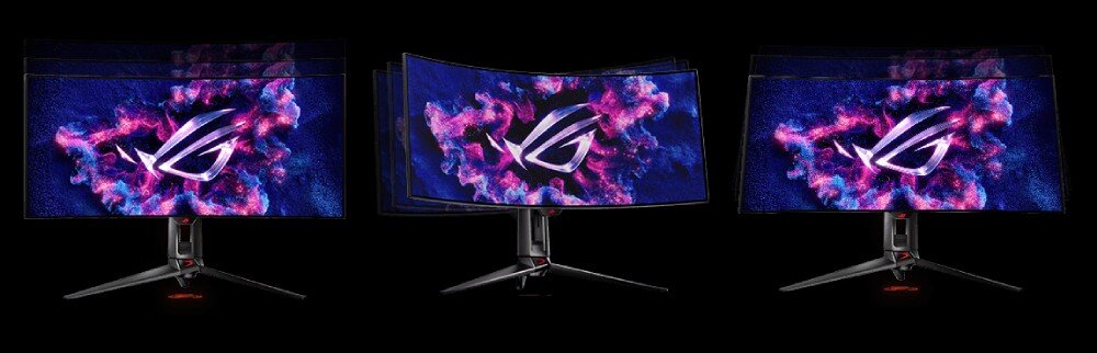 Monitor ASUS ROG Swift PG34WCDM Trzy ujęcia monitora przedstawiające możliwości regulacji. Pierwszy obraz pokazuje regulację wysokości, drugi obrót ekranu na boki, a trzeci pochylenie, podstawa, regulacja, wysokość, pochylenie, obrót