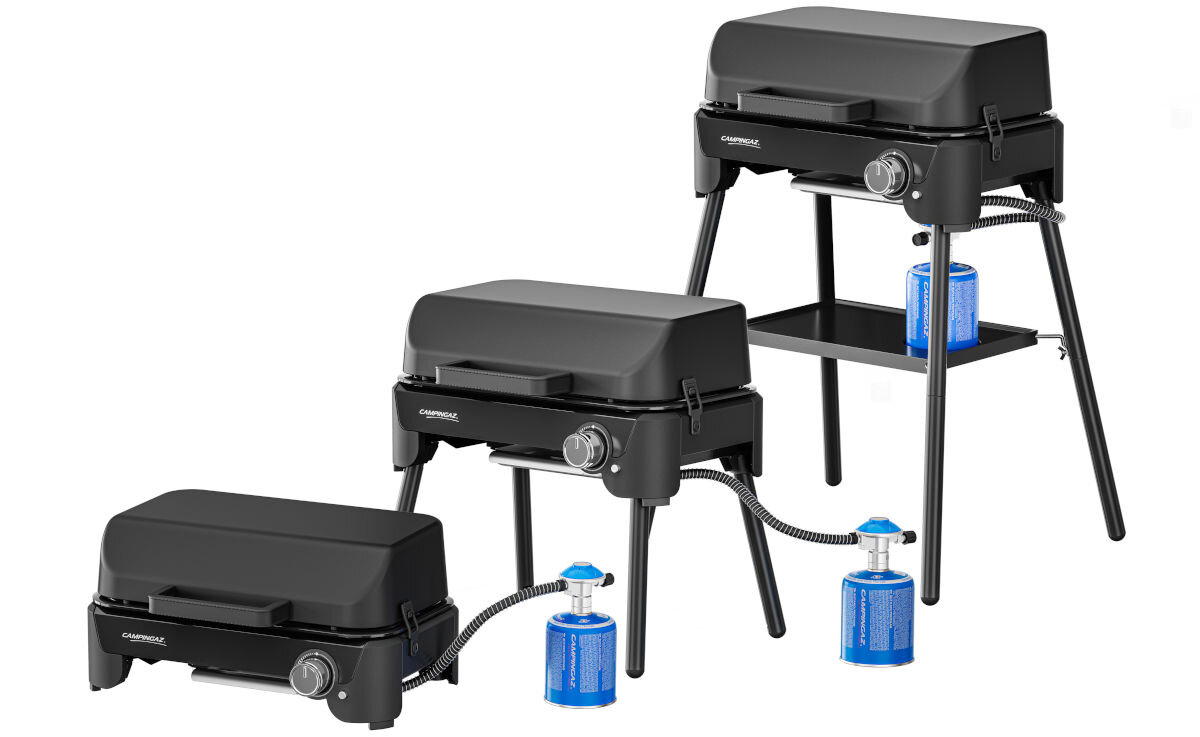 Grill gazowy CAMPINGAZ Tour and Grill 2.4 kW 47 x 25.5 cm, wysokośc, potrawy, opcje, dostosowanie, na białym tle wizualuzacja 3 poziomów regulacji wysokości grilla