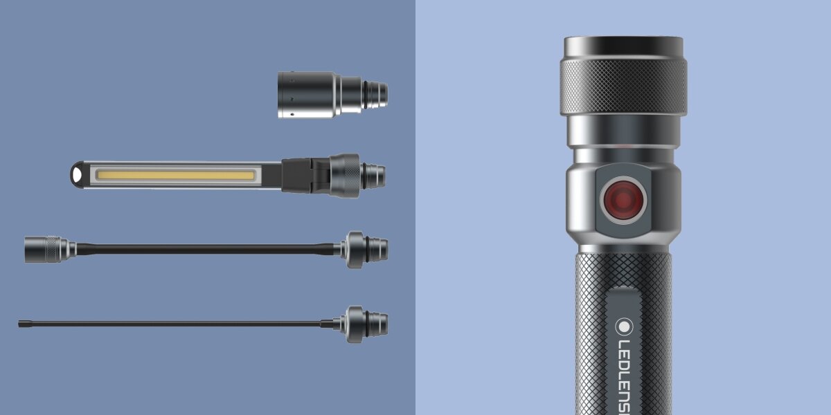 Latarka LEDLENSER Workers Friend 4w1, Ergonomiczny design, Latarka zbliżenie na głowicę, dodatkowo obok 4 końcówki poziomo