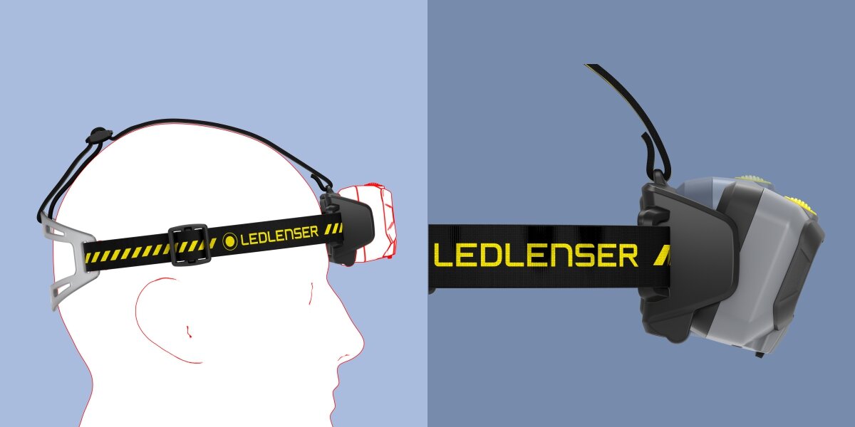Latarka czołowa LEDLENSER HF8R Work, Bezdotykowe sterowanie, Latarka zaprezentowana na głowie od bocznej strony