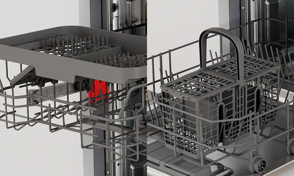 ZMYWARKA WHIRLPOOL WI9E 2B19 Zdjęcie zestawione z dwóch kadrów przedstawia po lewej górny kosz zmywarki z wysuwanym, regulowanym modułem, a po prawej klasyczny koszyk na sztućce w dolnym koszu. Oba elementy pokazują elastyczną organizację wnętrza oraz możliwość dopasowania przestrzeni do naczyń tacka koszyk sztućce dodatkowe miejsce wygoda zmywania efektywność organizacja porządek praktyczne rozwiązanie