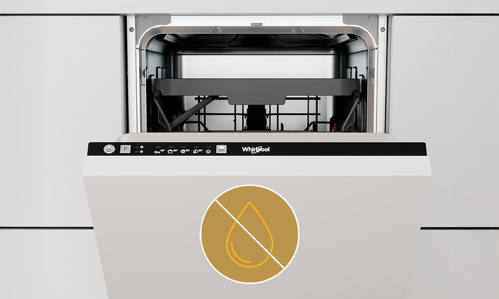 ZMYWARKA WHIRLPOOL WI9E 2B19 Zmywarka do zabudowy Whirlpool pokazana jest z uchyloną, zewnętrzną frontową zabudową, a na środku drzwi nałożono ikonę kropli przekreślonej ukośną linią. Ujęcie sugeruje skuteczne suszenie naczyń i brak zacieków po zakończonym cyklu kontrola bezpieczeństwo ochrona przed zalaniem spokój użytkowanie dom zabezpieczeni