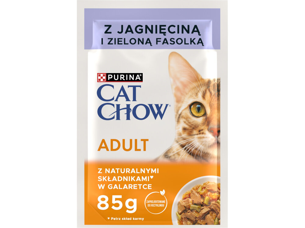 Karma dla kota CAT CHOW Adult Jagnięcina z zieloną fasolką 85 g saszetka na białym tle pełnoporcjowa karma dla dorosłych kotów wysokiej jakości białko naturalne składniki zbilansowana receptura wartość energetyczna 850 kcal/kg