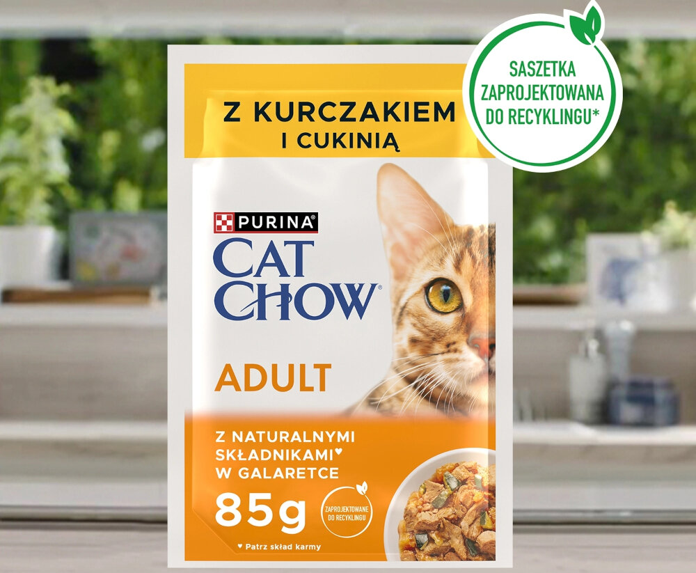 Karma dla kota CAT CHOW Adult Kurczak z cukinią 85 g saszetka na tle dla kotów dla dorosłych kotów pełna porcja