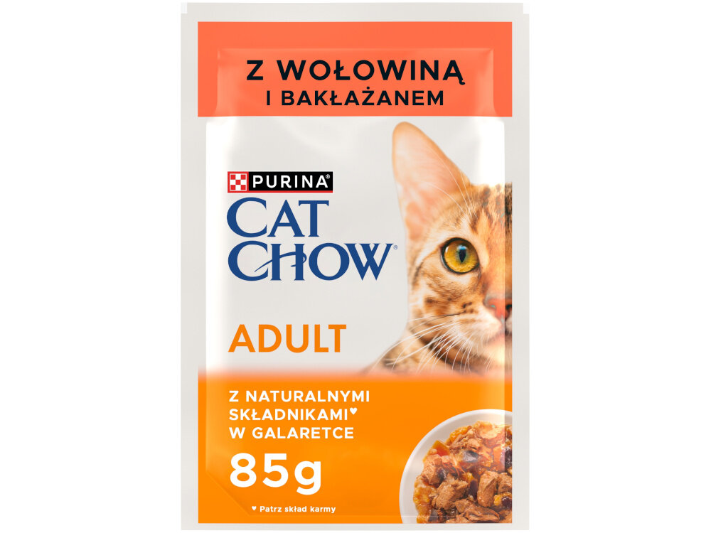 Karma dla kota CAT CHOW Adult Wołowina z bakłażanem 85 g saszetka na białym tle pełnoporcjowa karma dla dorosłych kotów wysokiej jakości białko naturalne składniki zbilansowana receptura wartość energetyczna 850 kcal/kg