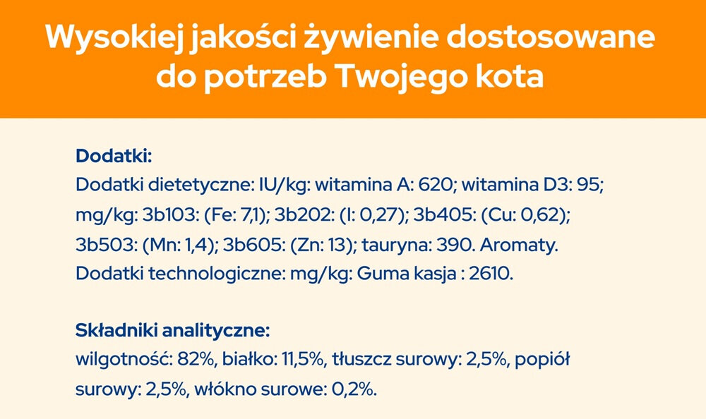 Karma dla kota CAT CHOW Adult Wołowina z bakłażanem 85 g jasne tło z wypisanymi składnikami składniki analityczne dodatki dietetyczne dodatki technologiczne