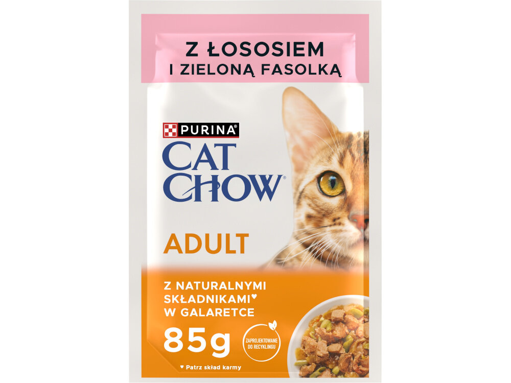 Karma dla kota CAT CHOW Adult Łosoś z zieloną fasolką 85 g saszetka na białym tle pełnoporcjowa karma dla dorosłych kotów wysokiej jakości białko naturalne składniki zbilansowana receptura wartość energetyczna 850 kcal/kg