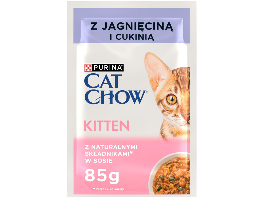 Karma dla kota PURINA CAT CHOW Kitten Jagnięcina i cukinia 85 g 85 g saszetka na białym tle pełnoporcjowa i zbilansowana karma mokra dla kociąt pełnoporcjowa i zbilansowana karma o wartości energetycznej 900 kcal/kg prawidłowy rozwój
