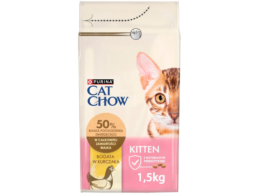 Karma dla kota CAT CHOW Kitten Bogata w kurczaka 1.5 kg opakowanie karmy na białym tle pełnoporcjowa i zbilansowana sucha karma dla młodych kotów od 6 tygodnia do 1 roku życia witamina E wspierającą naturalną odporność witaminy z grupy B prawidłowym wykorzystaniu energii