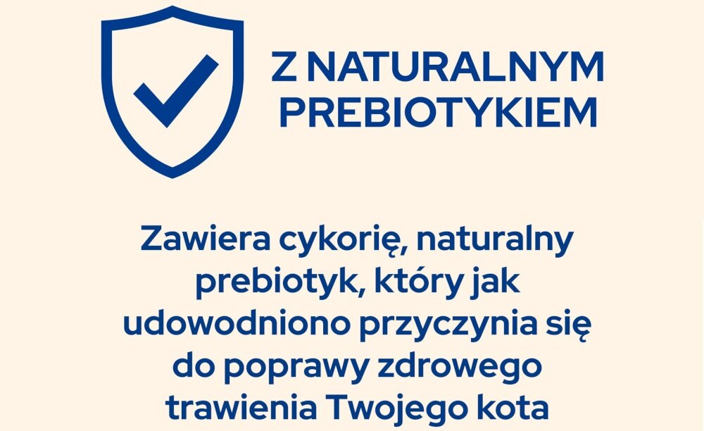 Karma dla kota CAT CHOW Kitten Bogata w kurczaka 1.5 kg grafika opisująca priobiotyk z naturalnymi składnikami pietruszka, szpinak, marchew, pełnoziarniste zboża, cykoria i drożdże włókna pokarmowe naturalnego pochodzenia tworzą kompleks Naturium® wspiera prawidłowe funkcjonowanie układu trawiennego