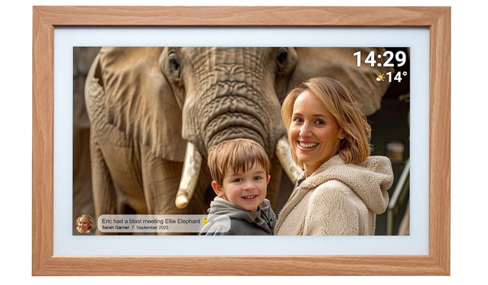 Ramka cyfrowa DENVER Frameo PFF-2162LW Brązowy prezentacja ramki ze zdjęciem i komentarzem do niej na białym tle od frontu