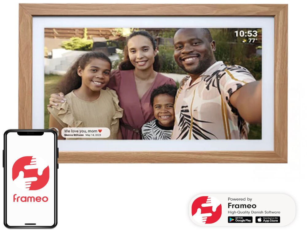 Ramka cyfrowa DENVER Frameo PFF-2162LW Brązowy prezentacja ramki ze zdjęciem i komentarzem do niej na białym tle w telefon z logiem aplikacji elegancki element dekoracyjny pomysł na prezent