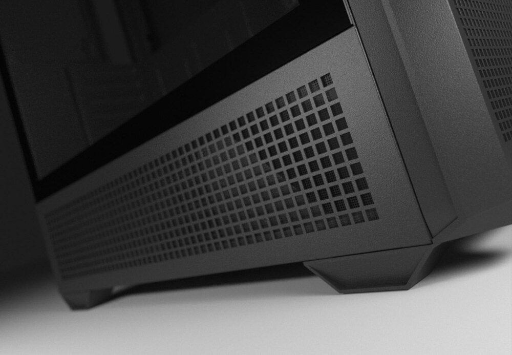 Obudowa COUGAR MX600 RGB Zbliżenie na dolną część bocznego panelu obudowy z widocznymi otworami wentylacyjnymi o kwadratowym kształcie, otwory wentylacyjne, panele boczne