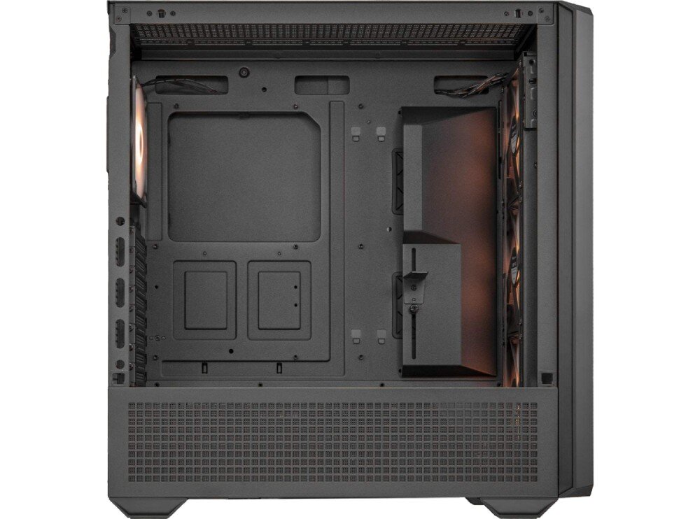 Obudowa COUGAR MX600 RGB Widok z boku na otwartą obudowę z zamontowanymi wentylatorami, osłoną zasilacza i miejscem na komponenty, typ, wielkość, kompatybilność, podzespoły, miejsce