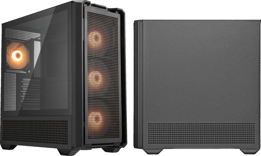 Obudowa COUGAR MX600 RGB Dwa ujęcia obudowy: jedno z lewej strony z przezroczystym panelem i świecącymi wentylatorami, drugie z prawej strony z pełnym, jednolitym panelem bocznym, kontroler RGB, kolory, efekty