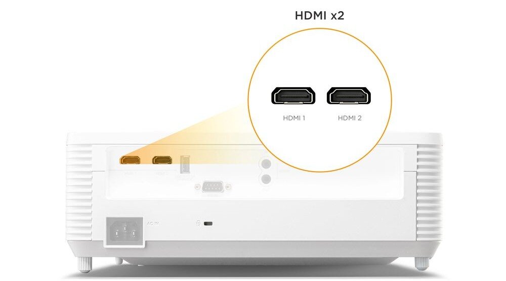 Projektor VIEWSONIC PX704HD dwa porty HDMI urządzenia multimedialne wybór źródła sygnału, projektor od tyłu, kadr na złącza HDMI