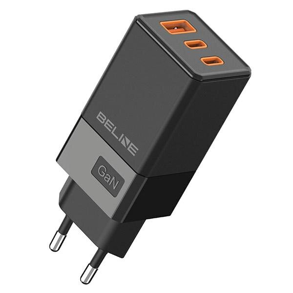 Czarny ładowarka sieciowa z trzema portami USB-C, oznaczona napisami \'BELINE\' i \'GaN\'.