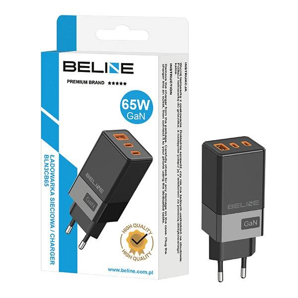Na obrazie znajduje się czarna ładowarka sieciowa z dwoma portami USB-C i jednym USB, obok niej opakowanie z napisem \'Beline Premium Brand 65W GaN\'.