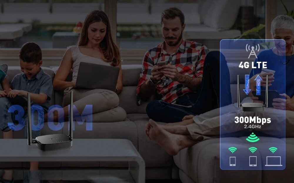 Router TENDA 4G05 N300 4G LTE 2.4 GHz, Gniazdo SIM anteny przepustowość łączność Wi-Fi przepustowość