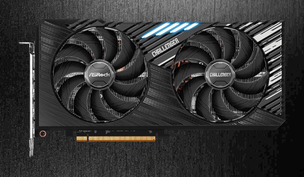 Karta graficzna ASROCK Radeon RX 7900 GRE Challenger OC 16GB Widok z góry na kartę graficzną z dwoma dużymi wentylatorami i podświetleniem LED pośrodku, architektura, procesory strumieniowe, jakość, raytracing