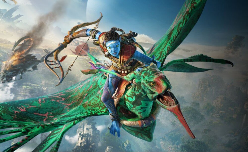 Karta graficzna ASROCK Radeon RX 7900 GRE Challenger OC 16GB Postać z gry lecąca na fantastycznym stworzeniu w świecie pełnym roślinności i obłoków, układ graficzny, technologie, głębia kolorów