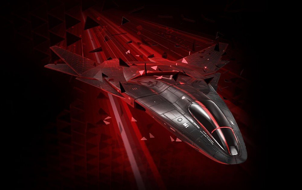 Karta graficzna ASROCK Radeon RX 7900 GRE Challenger OC 16GB Grafika futurystycznego czarnego myśliwca na tle czerwonych geometrycznych kształtów, funkcje, upscaling