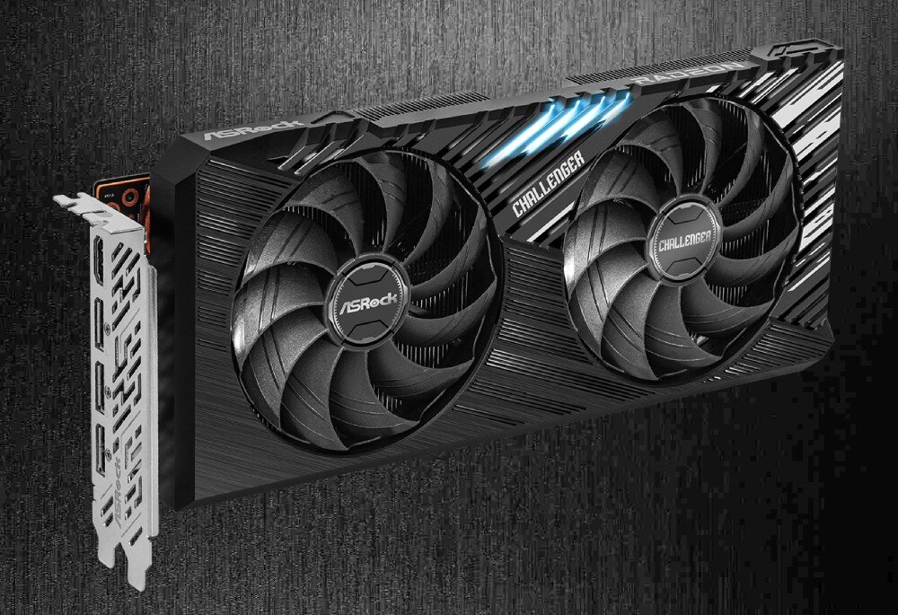 Karta graficzna ASROCK Radeon RX 7900 GRE Challenger OC 16GB Karta graficzna w pozycji ukośnej z widocznymi wyjściami wideo i podświetleniem LED, wyjścia, monitory, rozdzielczość