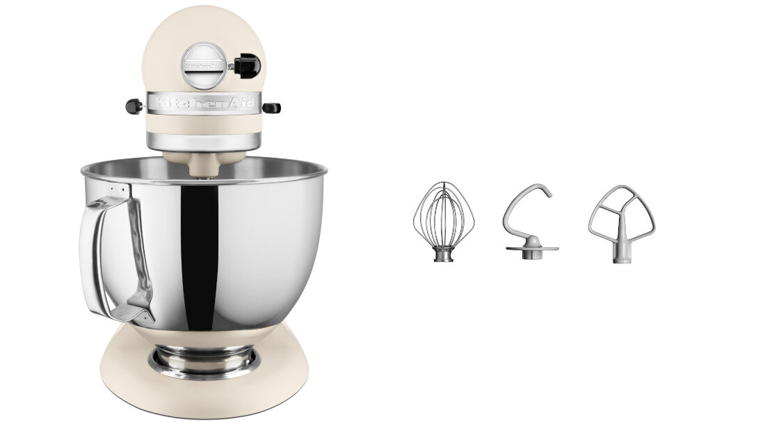 Robot kuchenny planetarny KITCHENAID Artisan 5KSM125EFL 300W wykonanie elementy akcesoria rozga do ubijania mieszadlo do rozdrabniania hak do ciast misa INOX mozliwosci