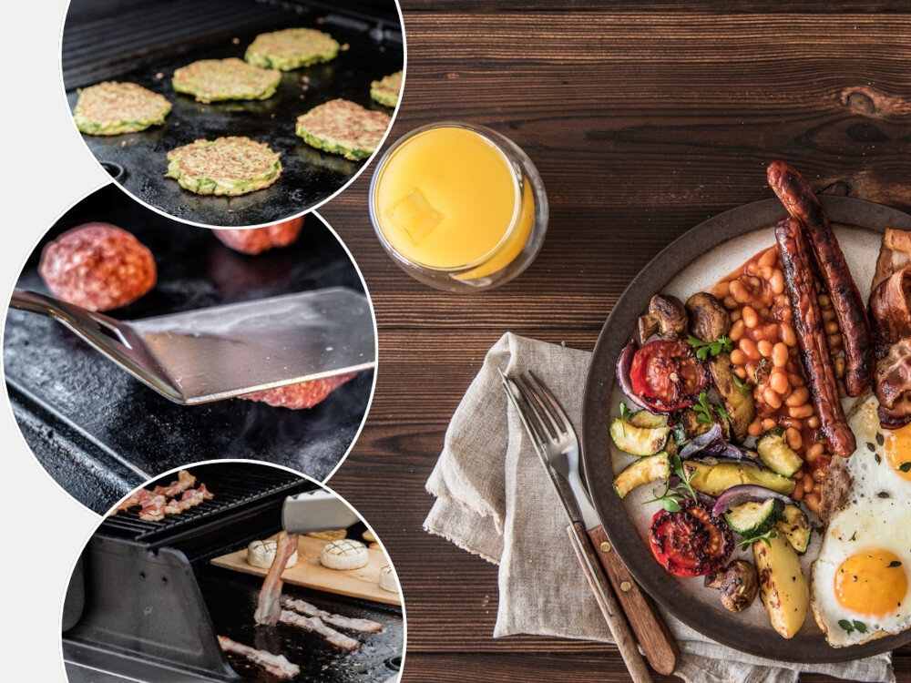 Grill gazowy BROIL KING Signet™ 320 11.4 kW 65 x 38 + 60 x 26 cm drewniany blat na blacie talerz wypełniony jedzeniem obok trzy zdjęcia w kółkach z różnymi potrawami żeliwna płyta precyzyjne smażenie bez przypaleń bez utraty soczystości