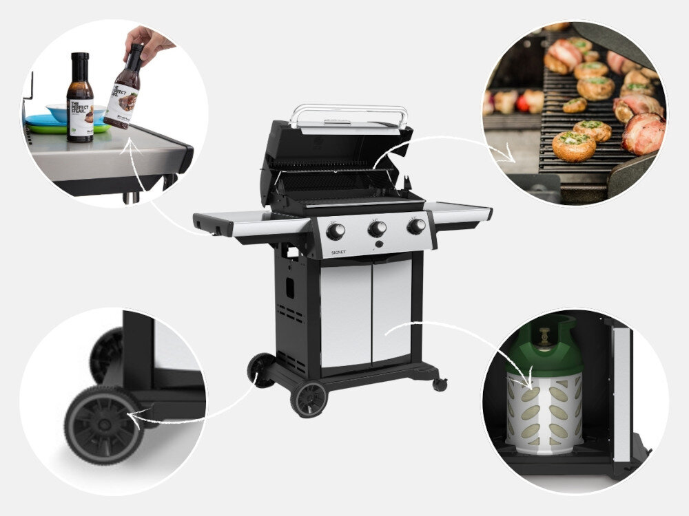 Grill gazowy BROIL KING Signet™ 320 11.4 kW 65 x 38 + 60 x 26 cm kolaż po środku grill z otwartą pokrywą wokół cztery zdjęcia w kółkach na pokazujące zbliżenie na kółka półkę boczną szafkę na butlę gazową dodatkową półkę przemyślana konstrukcja obszerne półki boczne haczyki szafka na butlę gazową zmieści 11-kilogramową butlę z kołnierzem i bez niego duże 18-centymetrowe koła transportowe brotowe kółka z blokadą 7,6 cm