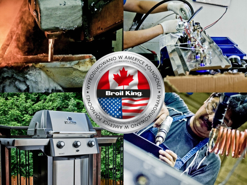 Grill gazowy BROIL KING Signet™ 320 11.4 kW 65 x 38 + 60 x 26 cm kolaż zdjęć po środku logo BROIL KING jakość i pasja fabryki w USA i Kanadzie maksymalną trwałość i skuteczność komfort użytkowania