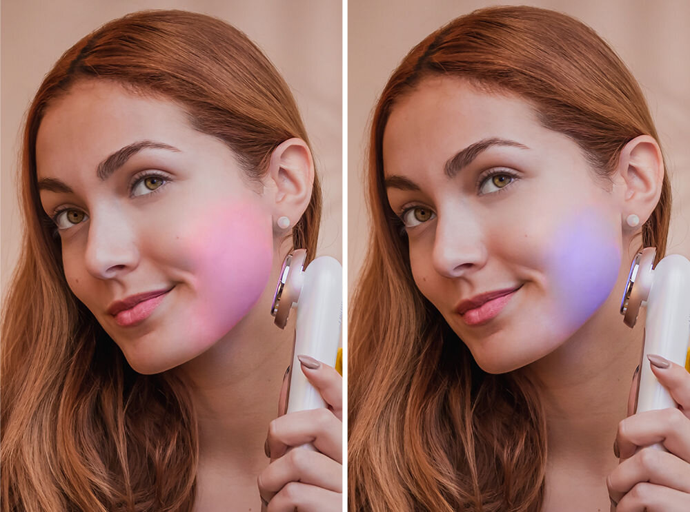 Masażer CECOTEC Bamba FaceCare LightSonic dwa rodzaje światła światło czerwone wspomaganie produkcji kolagenu i elastyny poprawa elastyczności skóry światło niebieskie działanie antybakteryjne na trądzik i inne niedoskonałości zachowanie zdrowego wygladu skóry zapobieganie procesom starzenia