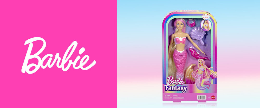 Zdjęcie zestawu lalki w opakowaniu oraz logo 'Barbie' po lewej stronie.