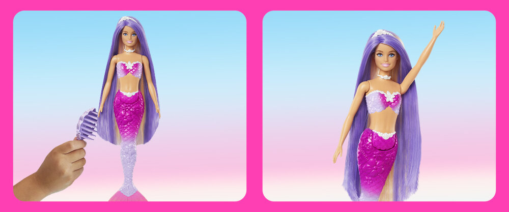 Grafika pokazująca dłoń dziecka czeszącą włosy lalki, obok widoczna jest grafika pokazująca lalkę Barbie.