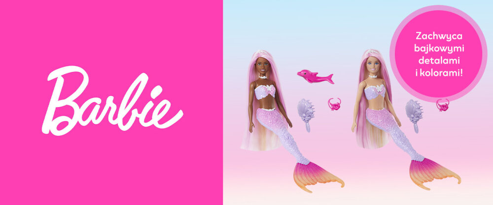 Po lewo widoczne jest logo Barbie, po prawo - dwie lalki o różnych kolorach skóry i akcesoriami.
