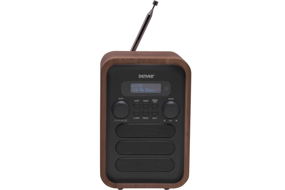 Radio DENVER DAB-48 wyświetlacz LCD z podświetleniem zegar automatyczny, radio od frontu z wysuniętą anteną na białym tle