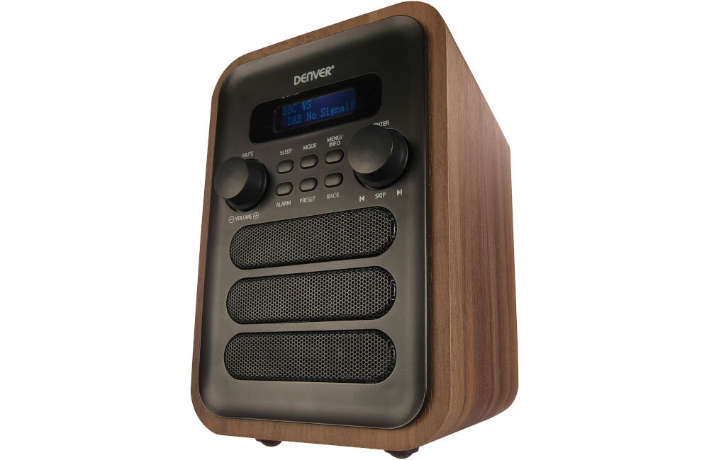 Radio DENVER DAB-48 budzik timer wyjście słuchawkowe 3,5 mm, radio po skosie na białym tle