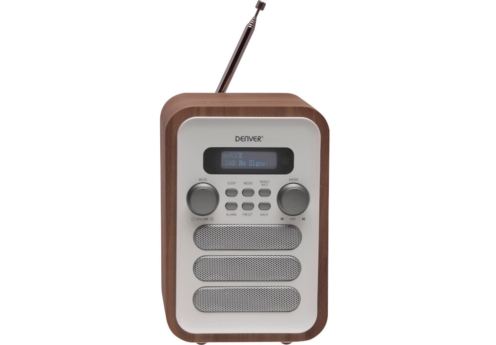 Radio DENVER DAB-48 wyświetlacz LCD z podświetleniem zegar automatyczny, radio od frontu z wysuniętą anteną na białym tle