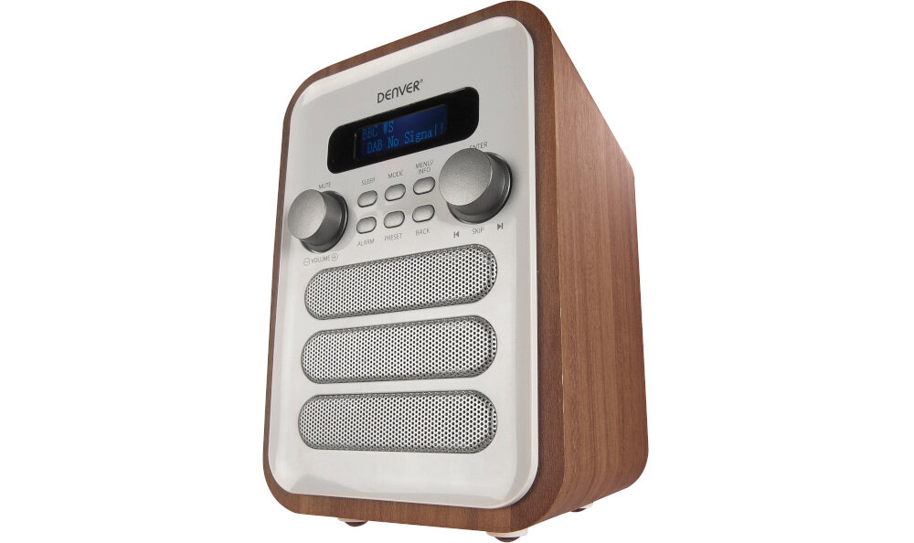 Radio DENVER DAB-48 budzik timer wyjście słuchawkowe 3,5 mm, radio po skosie na białym tle