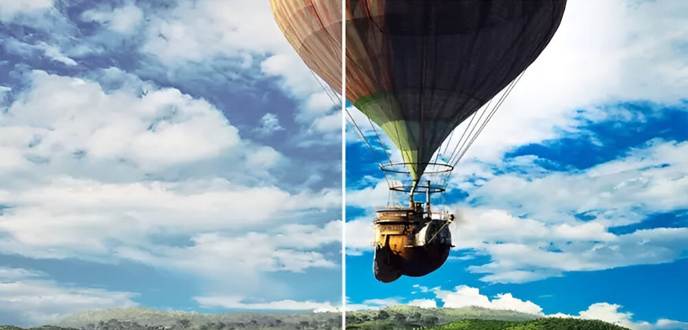 Monitor PHILIPS 241V8LAB 23.8 cala 1920x1080px 100Hz 1 ms [MPRT] prezentacja działania technologii zielony krajobraz z latającym balonem SmartImage analiza wyświetlanych materiałów dobranie ustawień obrazu tryby optymalizacja