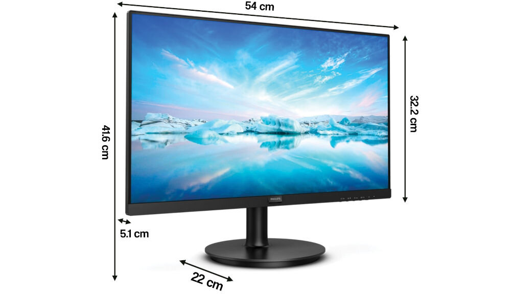 Monitor PHILIPS 241V8LAB 23.8 cala 1920x1080px 100Hz 1 ms [MPRT] prezentacja monitora z wymiarami od przodu na białym tle pod kątem wymiary komfort stabilność