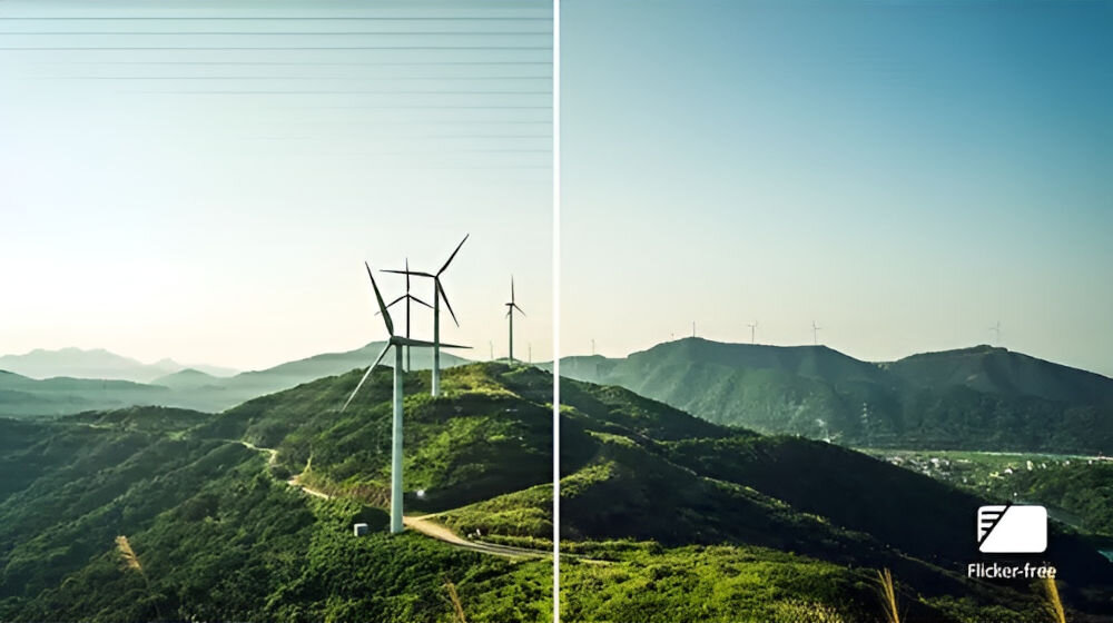 Monitor PHILIPS 241V8LAB 23.8 cala 1920x1080px 100Hz 1 ms [MPRT] prezentacja działania Flicker-Free zielony górski krajobraz z wiatrakami Flicker-Free ograniczenie efektu migotania jednolity obraz