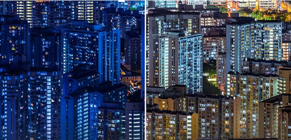 Monitor PHILIPS 241V8LAB 23.8 cala 1920x1080px 100Hz 1 ms [MPRT] porównanie ekranu z technologią LowBlue i bez miasto z wysokimi budynkami ograniczenie emisji światła niebieskiego zdrowie komfort