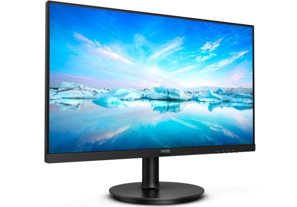 Monitor PHILIPS 241V8LAB 23.8 cala 1920x1080px 100Hz 1 ms [MPRT] prezentacja monitora od przodu pod kątem na białym tle szybka reakcja brak smużenia wyraźny obraz kontrola dokładność
