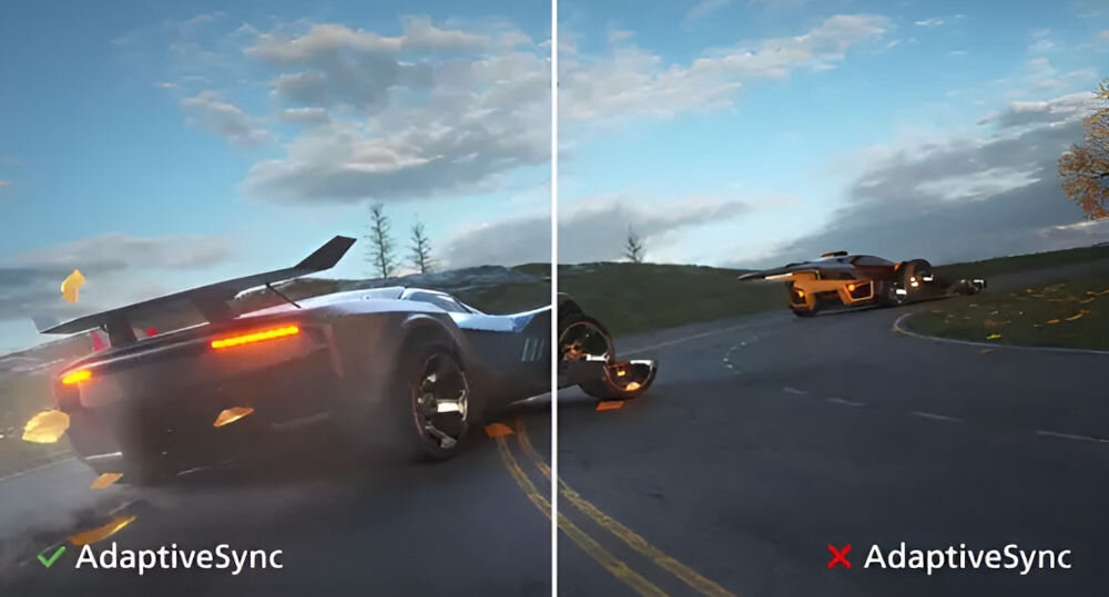 Monitor PHILIPS 241V8LAB 23.8 cala 1920x1080px 100Hz 1 ms [MPRT] prezentacja płynności w tle gra wyścigowa samochodowa porównanie z Adaptive Sync i bez eliminacja rwania obrazu stabilny obraz przyjemność z grania naturalne odwzorowanie ruchu